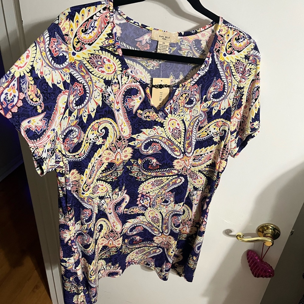 🖤 2X Diana Belle Navy Pink Yellow and Cream Paisley Blouse NWT